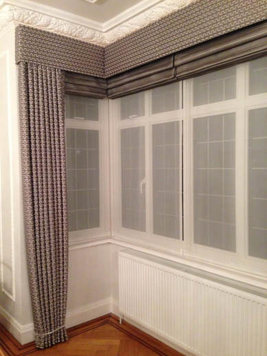 Pelmet and curtains, with matching blinds, as well as sheer blinds